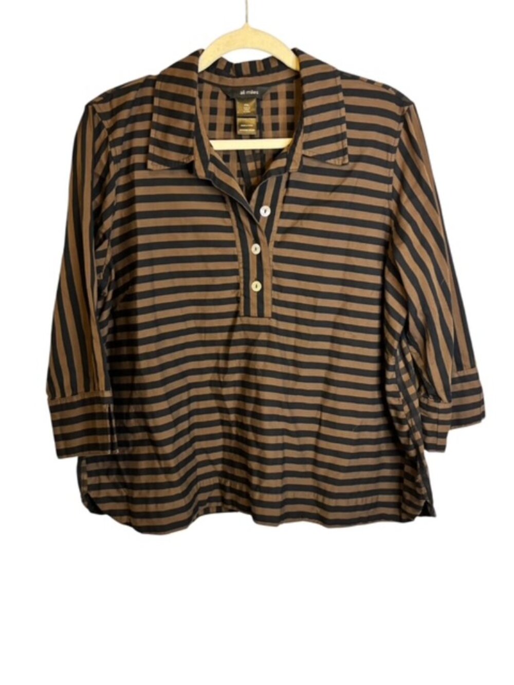 Ali Miles Blouse Women's Petite XL Abstract Office Stripes Black Brown